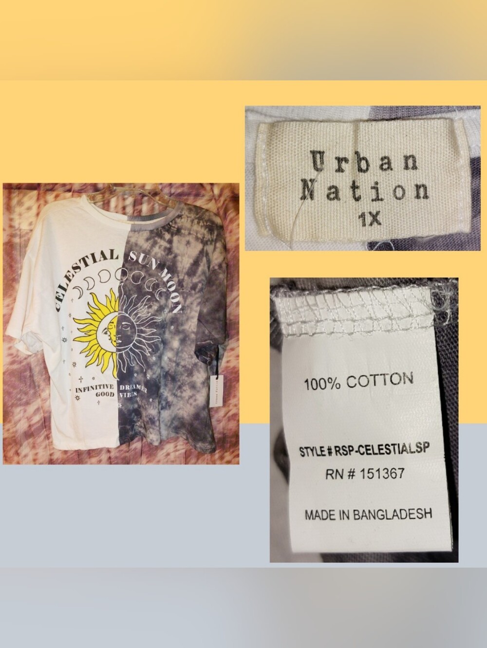 Urban Nation Wht/Gray/Multi Colorblock & Tie Dye Celestial Sun & Moon T-Shirt 1X